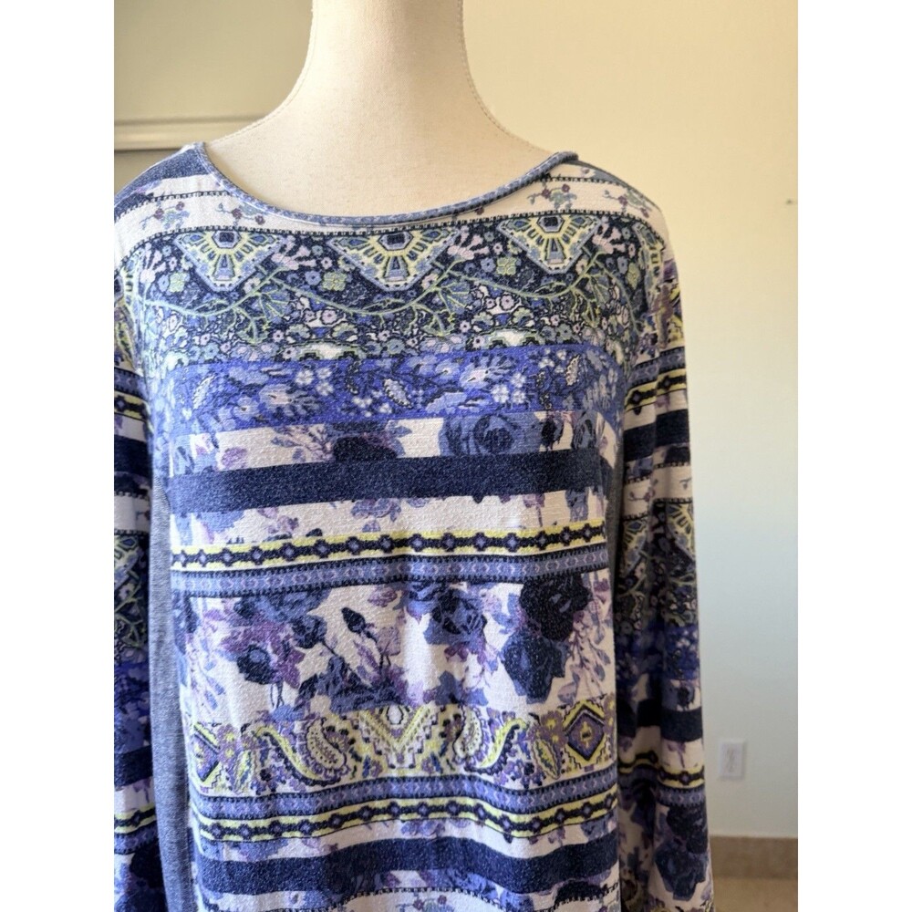 Zenergy by Chico's Large 2 Blue Purple Boho Print Tunic Top Long Sleeve - Picture 7 of 15